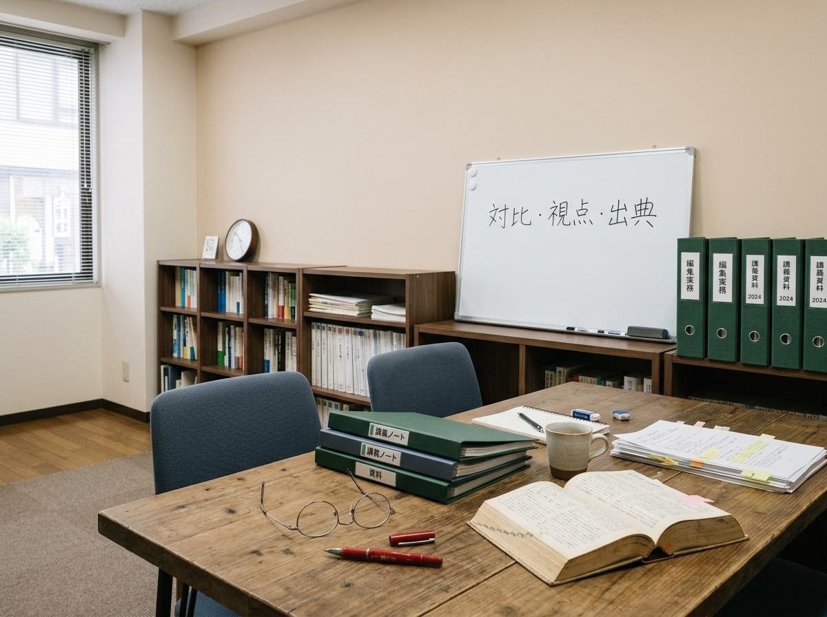 編集教室の机と資料