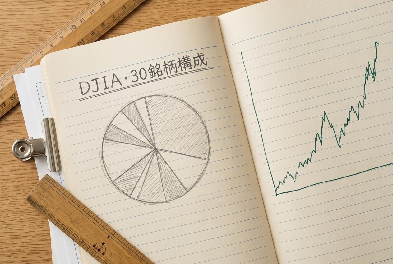 ダウ平均株価を想起させる編集机の資料